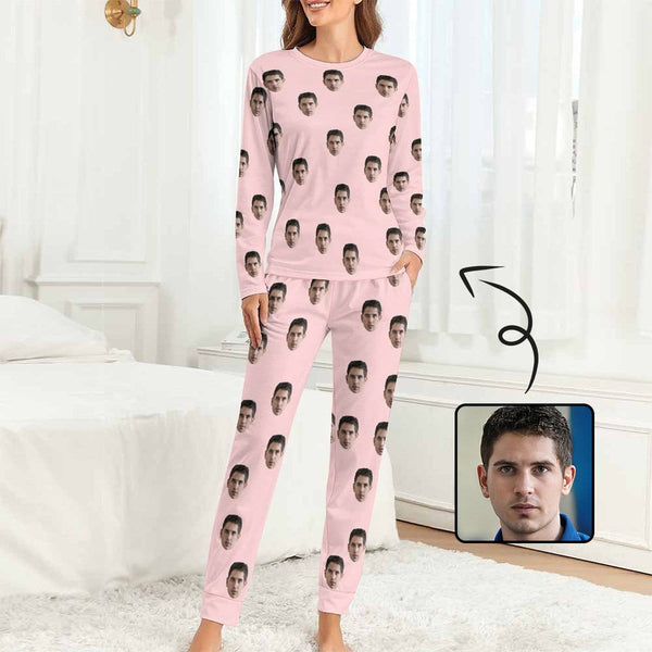 Custom Boyfriend Face Simple Sleepwear Personalized Women's Slumber Party Crewneck Long Pajamas Set - YesCustom