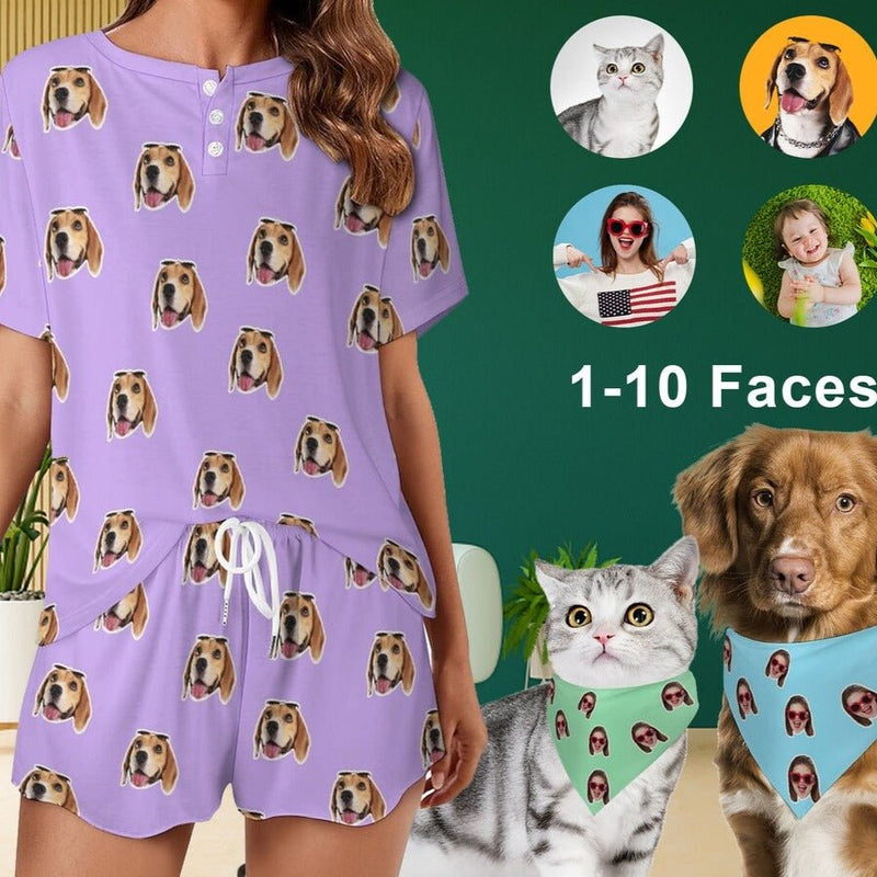 Custom Custom Cat Dog Face Solid Color Pajama Set Women's Short Sleeve Loungewear Athletic Tracksuits and Pet Dog Bandana - YesCustom