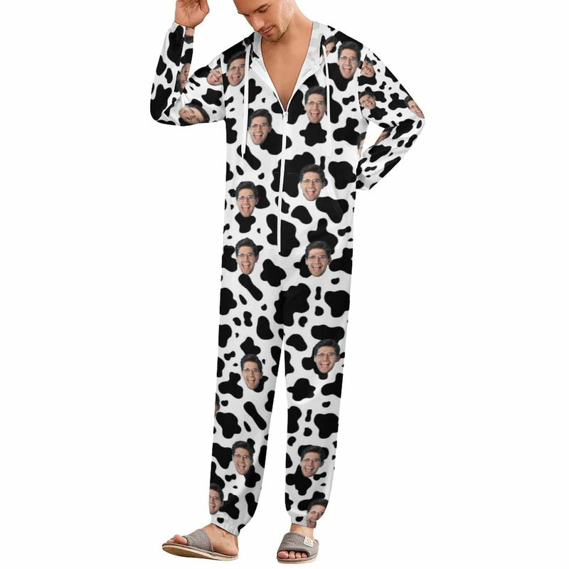 Custom Face Unisex Hooded Onesie Jumpsuits With Pocket For Family Personalized Cow Pattern Zip One-piece Pajamas