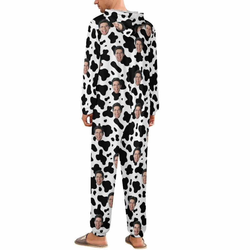 Custom Face Unisex Hooded Onesie Jumpsuits With Pocket For Family Personalized Cow Pattern Zip One-piece Pajamas