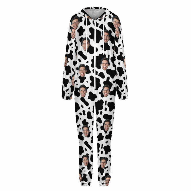 Custom Face Unisex Hooded Onesie Jumpsuits With Pocket For Family Personalized Cow Pattern Zip One-piece Pajamas