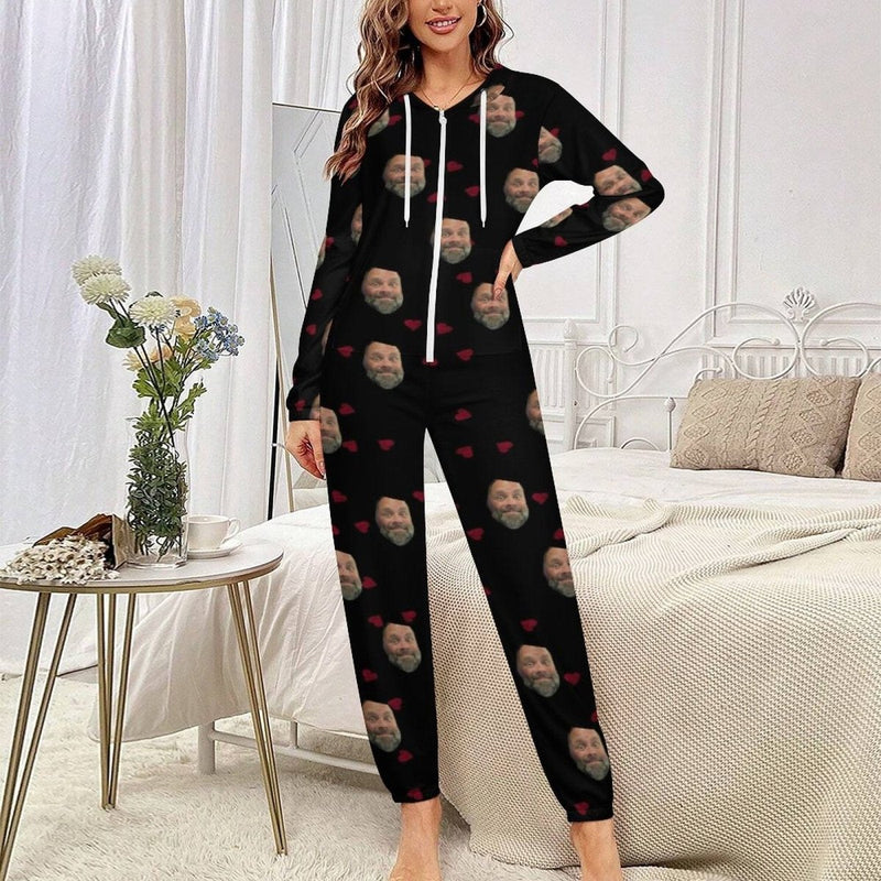 Custom Face Unisex Black Hooded Onesie Jumpsuits with Pocket For Adult Personalized Zip One-piece Pajamas