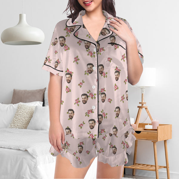 Personalized Women's Silk Short Sleeve Pajama Sets Custom Face Little Flowers Lignt Pink Satin Pajamas Nightwear