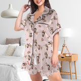 Personalized Women's Silk Short Sleeve Pajama Sets Custom Face Little Flowers Lignt Pink Satin Pajamas Nightwear