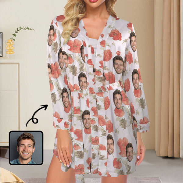 Personalized Women's Pajama Robe&Camisole Sleep Dress Custom Face Red Flowers Robe Cami Sets