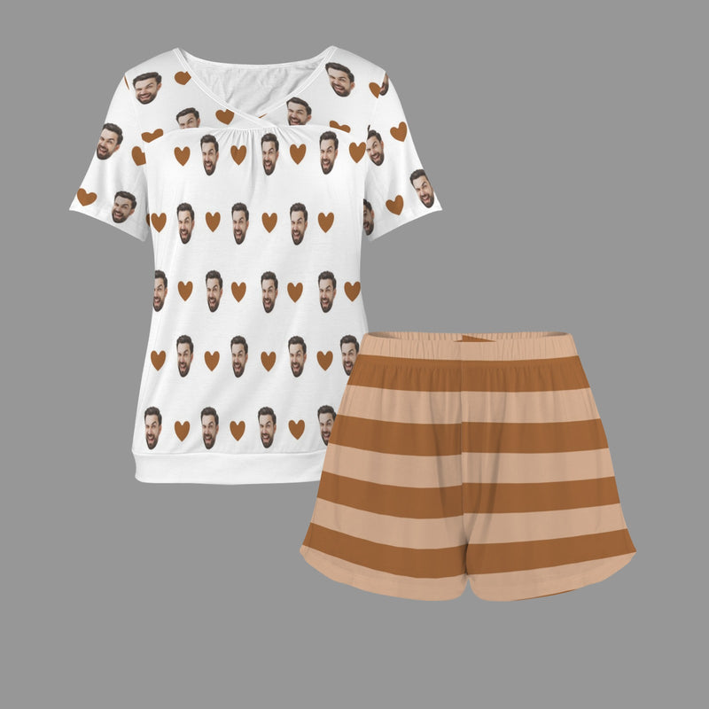 Custom Face Brown Heart Short Sleeve Pajamas Set Personalized V Neck Sleepwear For Women