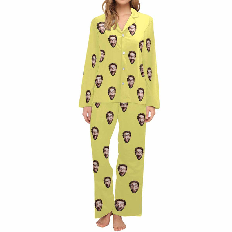 Custom Face Women's Cotton&Satin Long Sleeve Pajamas Personalized Solid Colors Sleepwear