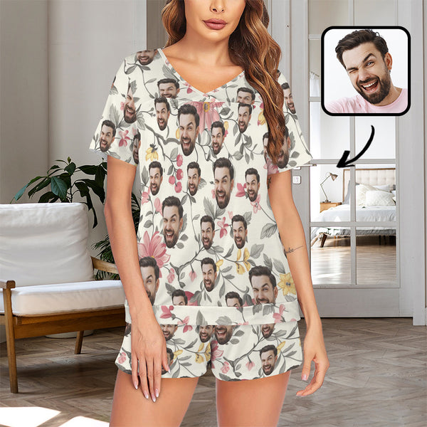 Custom Face Flowers Short Sleeve Pajamas Set Personalized V Neck Sleepwear For Women