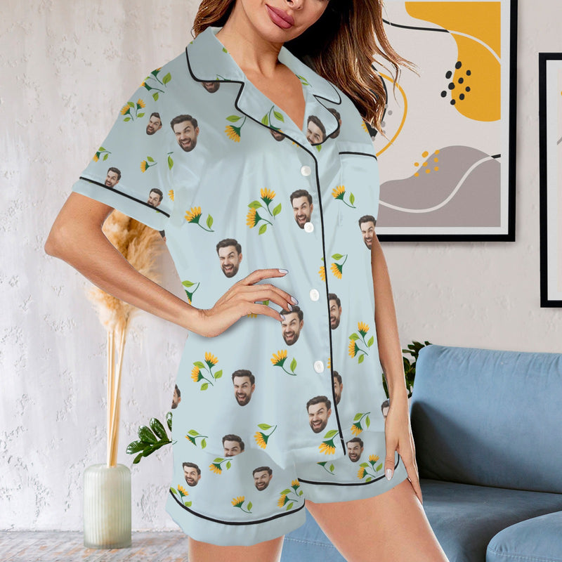 Personalized Women's Silk Short Sleeve Pajama Sets Custom Face Little Flowers Lignt Blue Satin Pajamas Nightwear