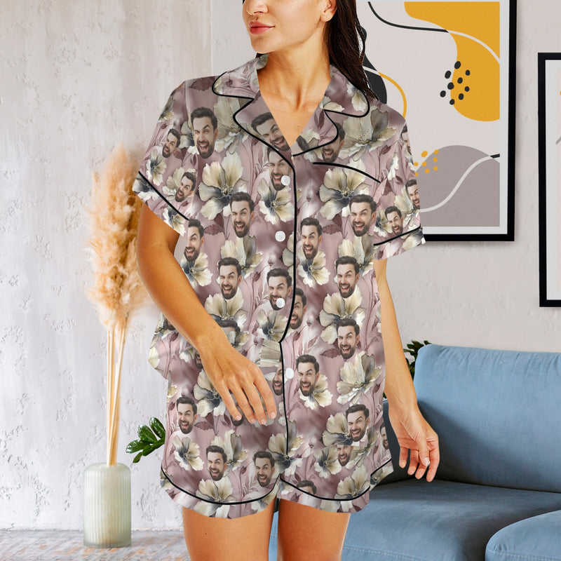 Personalized Women's Silk Short Sleeve Pajama Sets Custom Face White Flowers Satin Pajamas Nightwear