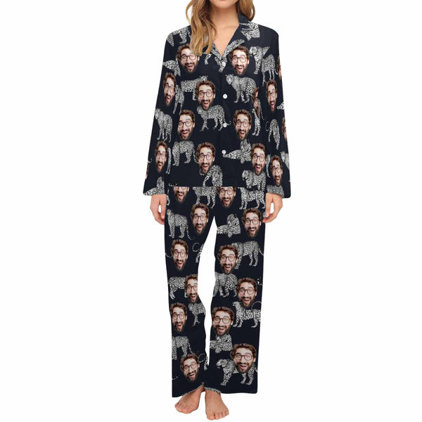 Custom Face Cotton&Satin Women's Pajama Set Personalized Face Tiger Dark Blue Long Sleeve Set