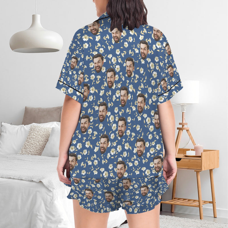 Personalized Women's Silk Short Sleeve Pajama Sets Custom Face Blue Satin Pajamas Nightwear