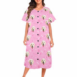 Custom Dog Face Women's Nightshirt Short Sleeve Button Down Nightgown Pajama Dress