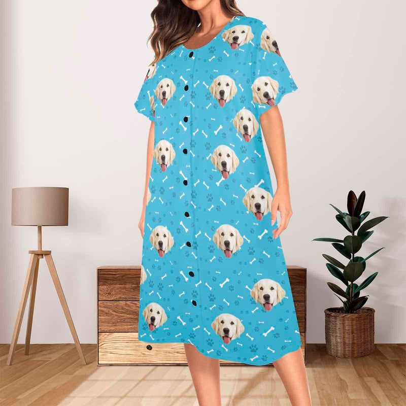 Custom Dog Face Women's Nightshirt Short Sleeve Button Down Nightgown Pajama Dress