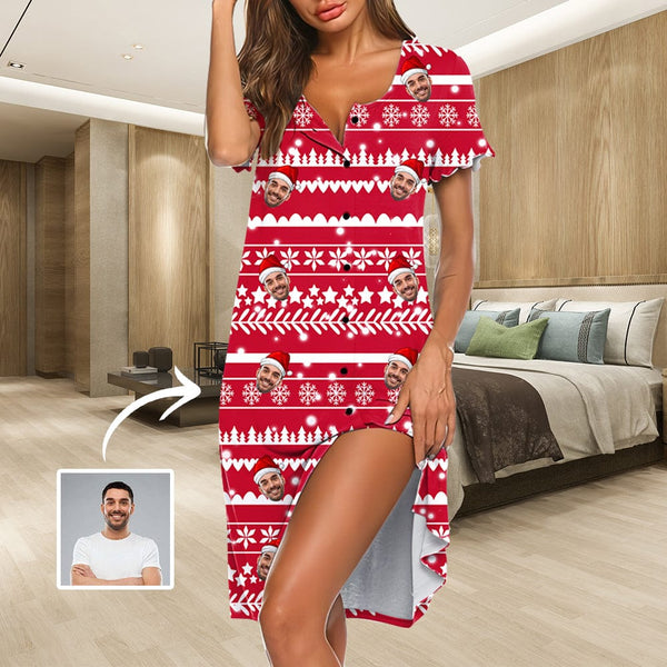 Custom Face Red Christmas Women's Short Sleeve Button Down Nightgown Pajama Dress