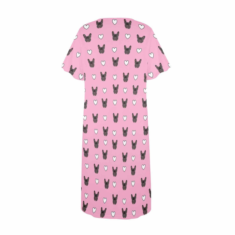 Custom Pet Face Pink Women's Nightshirt Short Sleeve Button Down Nightgown V-Neck Sleepwear Pajama Dress