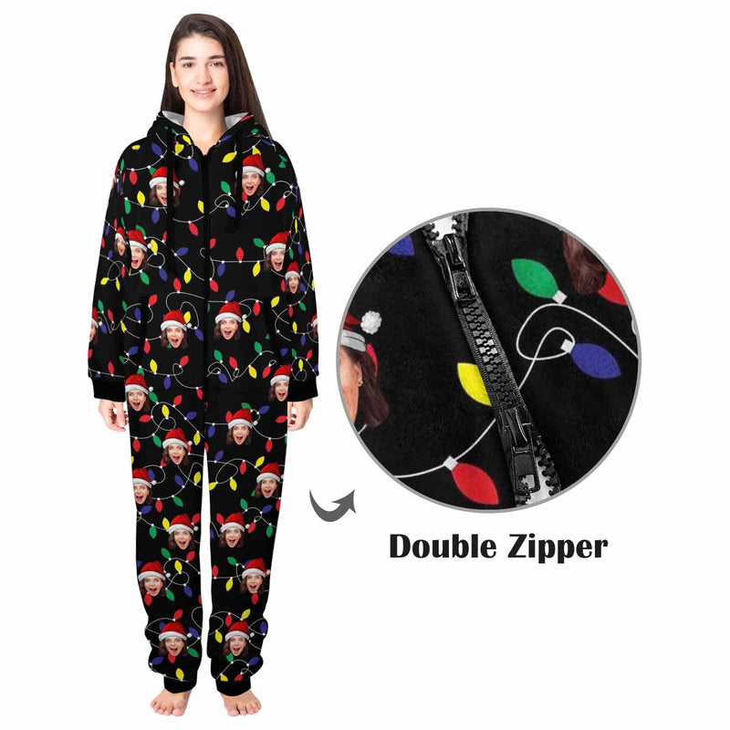 Funny Flannel Fleece Adult/Kid Onesie Pajamas Custom Face Christmas Lights on Black Background Jumpsuit Homewear