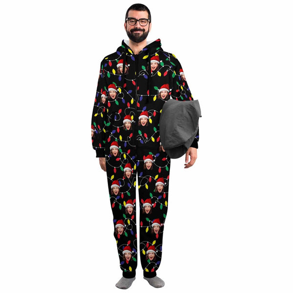 Funny Flannel Fleece Adult/Kid Onesie Pajamas Custom Face Christmas Lights on Black Background Jumpsuit Homewear