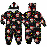 Funny Flannel Fleece Adult/Kid Onesie Pajamas Custom Face Christmas Lights on Black Background Jumpsuit Homewear