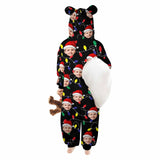 Funny Flannel Fleece Adult/Kid Onesie Pajamas Custom Face Christmas Lights on Black Background Jumpsuit Homewear