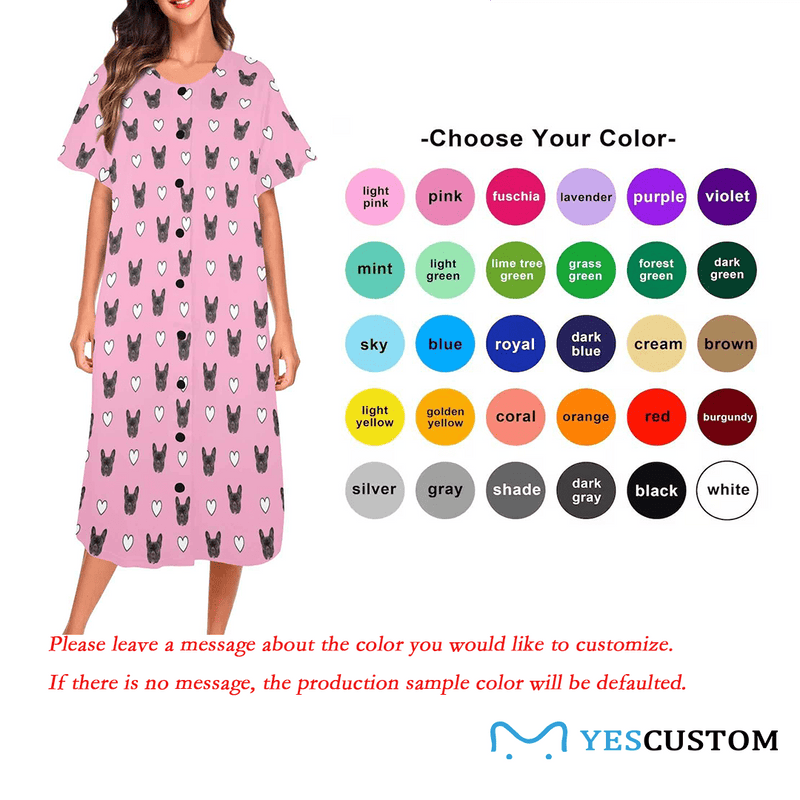 Custom Pet Face Pink Women's Nightshirt Short Sleeve Button Down Nightgown V-Neck Sleepwear Pajama Dress