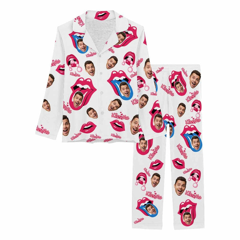 Personalized Women's Long Pajama Set Custom Boyfriend Face Pajamas Kiss Me Rosy Lips Funny Mouth Sleepwear