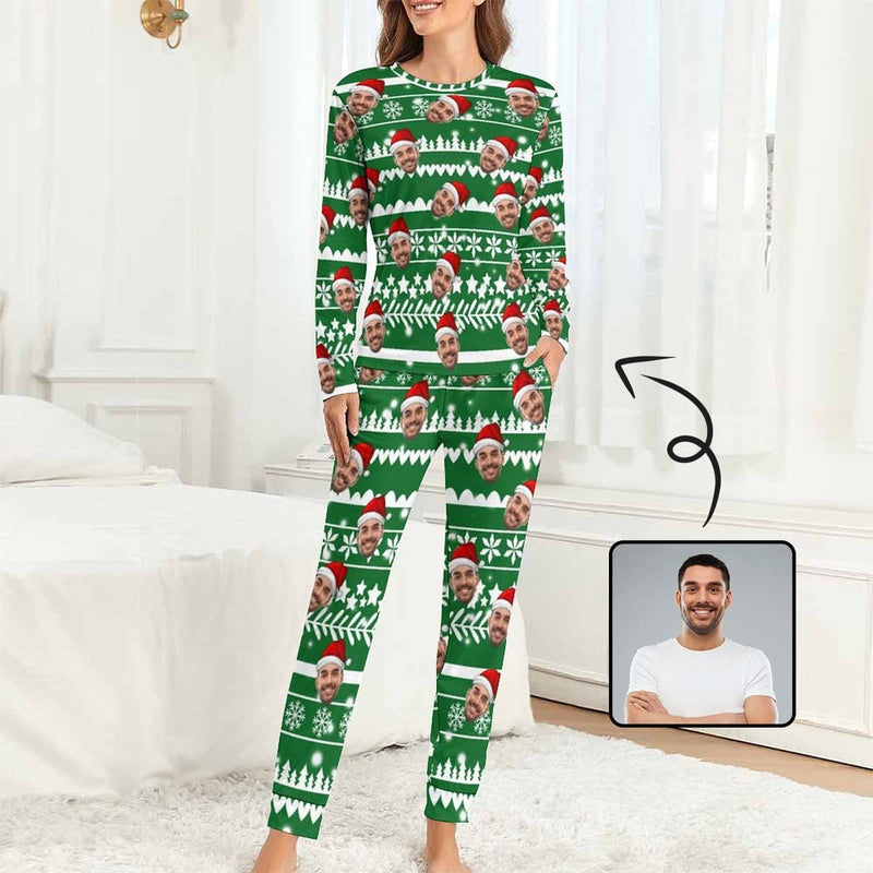 Custom Boyfriend Face Christmas Pattern Sleepwear Personalized Women's Slumber Party Crewneck Long Pajamas Set