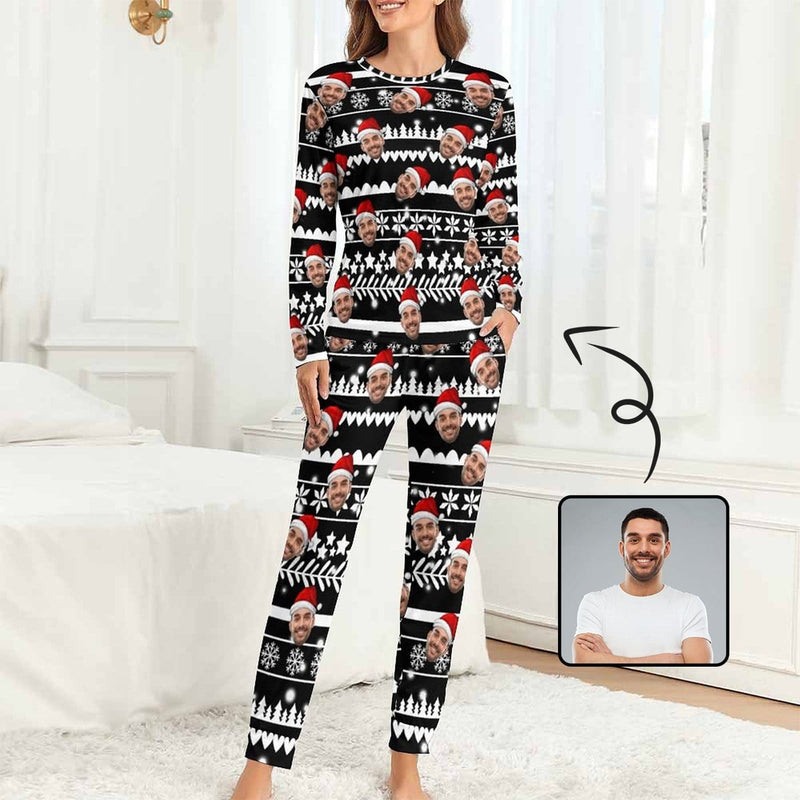 Custom Boyfriend Face Christmas Pattern Sleepwear Personalized Women's Slumber Party Crewneck Long Pajamas Set