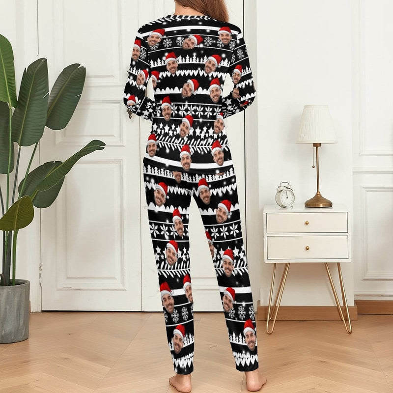 Custom Boyfriend Face Christmas Pattern Sleepwear Personalized Women's Slumber Party Crewneck Long Pajamas Set