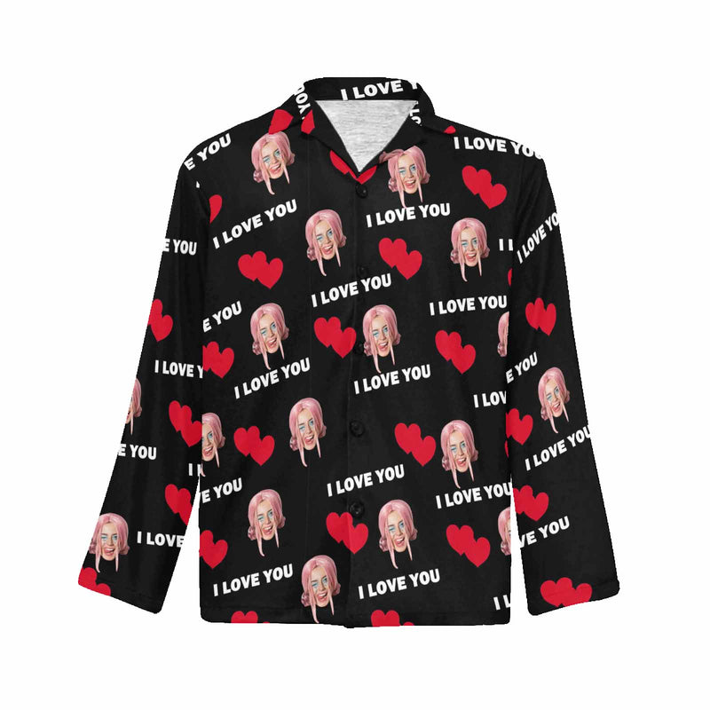 Custom Face Pajamas Shirt Personalized Face Red Heart Black Men's Long Sleeve Shirts Sleepwear