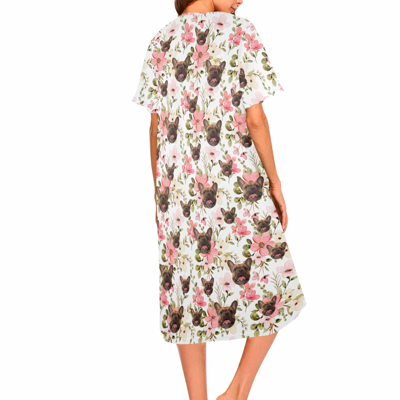 Custom Dog Face Women's Flower Nightshirt Short Sleeve Button Down Nightgown Sleepwear Pajama Dress