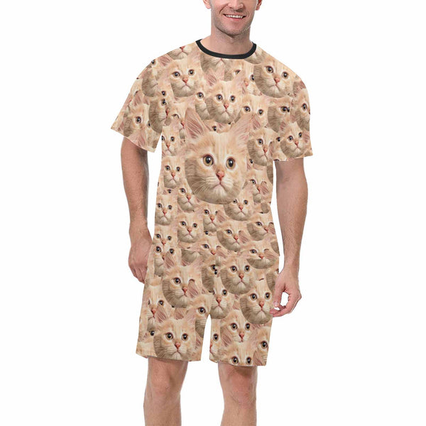 Custom Cat Face Short Sleeve Pajamas Personalized Men's Crew Neck Face Pajamas Set