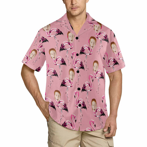 Custom Face Pajamas Shirt Top Personalized Face Male Pink Flamingo V Neck Pajamas Shirt