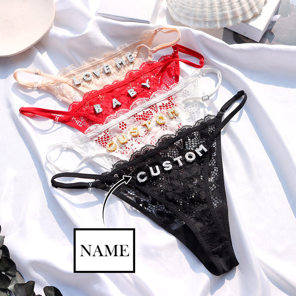 Personalized Lace Thong With Jewelry Silver Crystal Letter Name her Gift  Custom