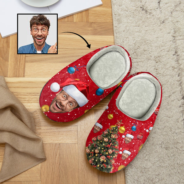 Custom Christmas Face Slippers For Men&Women Personalized Christmas Red Slippers