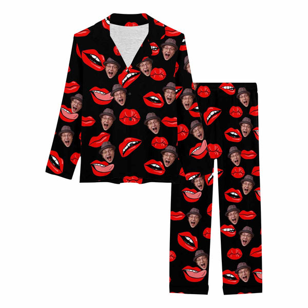 Custom Women's Face Pajama Set Personalized Women's Red Lips Black Long Sleeve Sleepwear Set