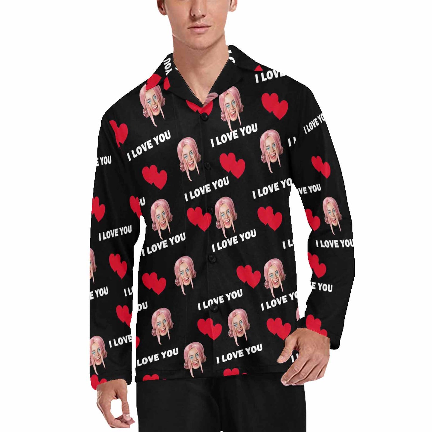 Custom Face Pajamas Shirt Personalized Face Red Heart Black Men's Long Sleeve Shirts Sleepwear