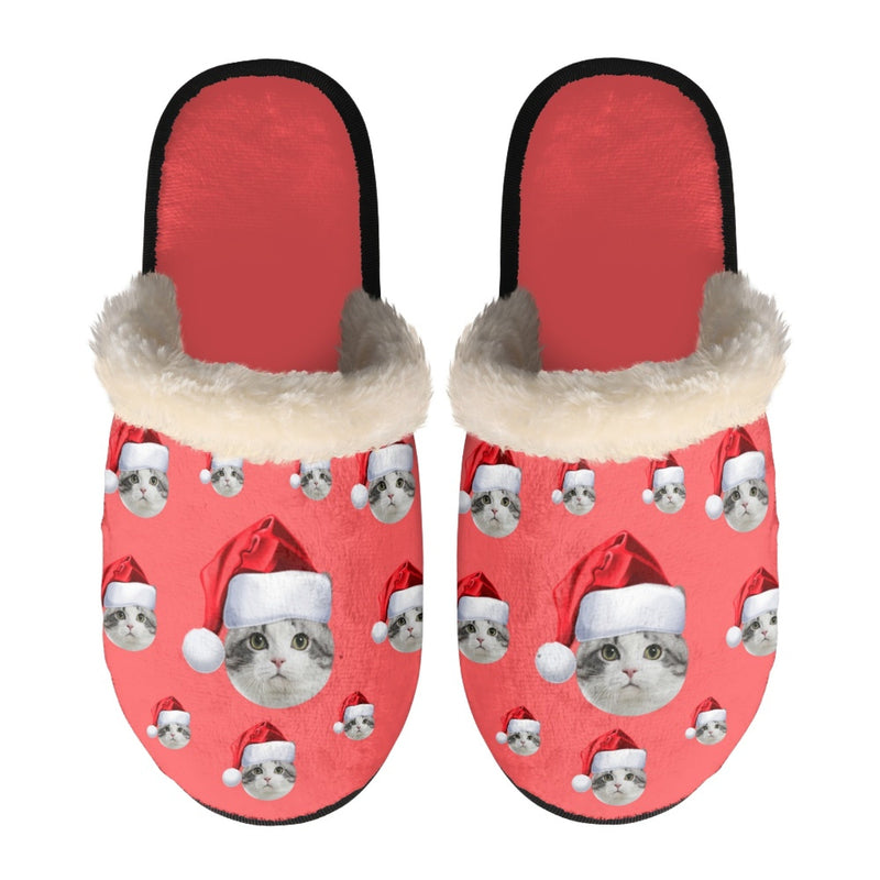 Custom Face Red Christmas Fuzzy Slippers For Women&Men Personalized Christmas Cat Face Slippers Gifts