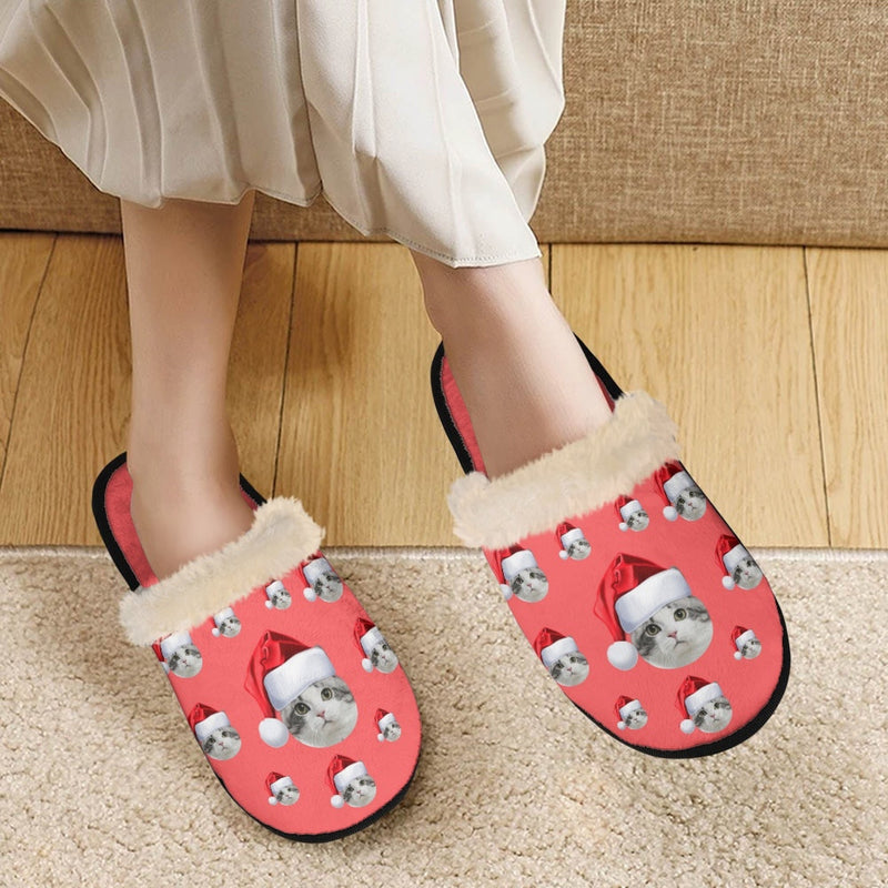 Custom Face Red Christmas Fuzzy Slippers For Women&Men Personalized Christmas Cat Face Slippers Gifts