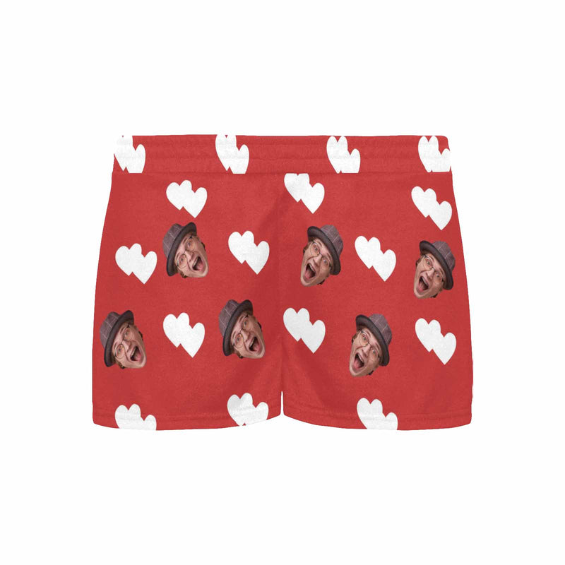 Custom Face Women's Pajama Shorts Personalized White Heart Red Sleepwear Shorts