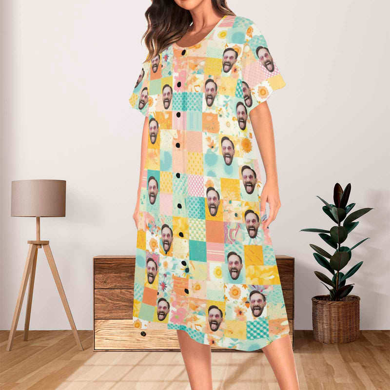 Custom Husband Face Women's Nightshirt Short Sleeve Button Down Nightgown Sleepwear Pajama Dress