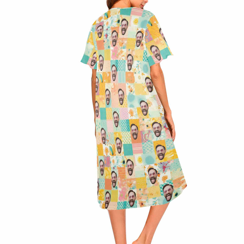 Custom Husband Face Women's Nightshirt Short Sleeve Button Down Nightgown Sleepwear Pajama Dress