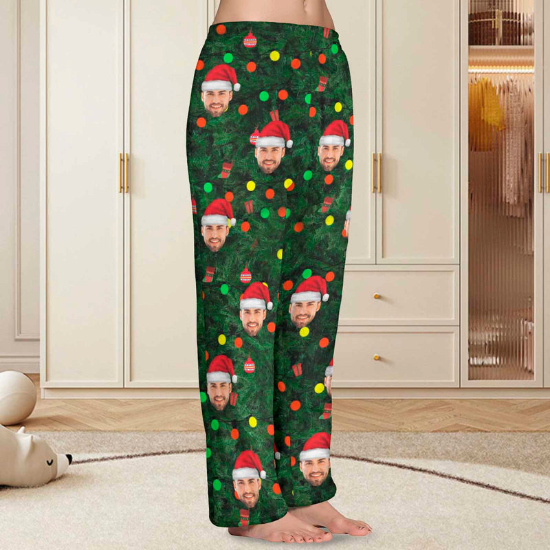 Coral Fleece Couple Pajama Pants Personalized Any Face Christmas Green Pajama Pants For Men&Women