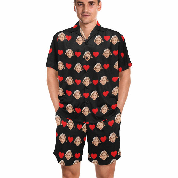 Custom Face Red Heart Pajama Set Personalized Face V Neck Short Sleeve Pajama Set