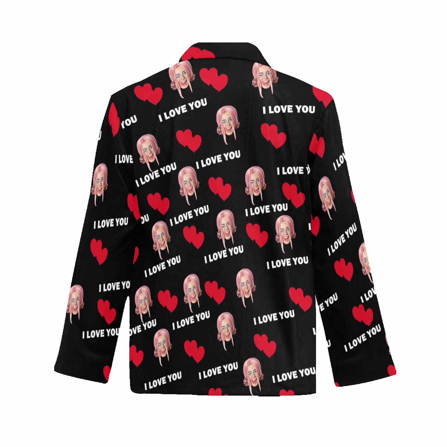 Custom Face Pajamas Shirt Personalized Face Red Heart Black Men's Long Sleeve Shirts Sleepwear