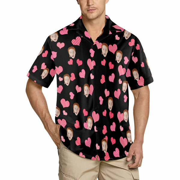 Custom Face Male V Neck Pajama Shirt Personalized Face Pink Heart Black Pajama Shirt Top