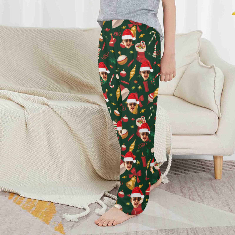 Custom Any Face Kids Pants 2Y-15Y Personalized Face Christmas Green Pajama Pants