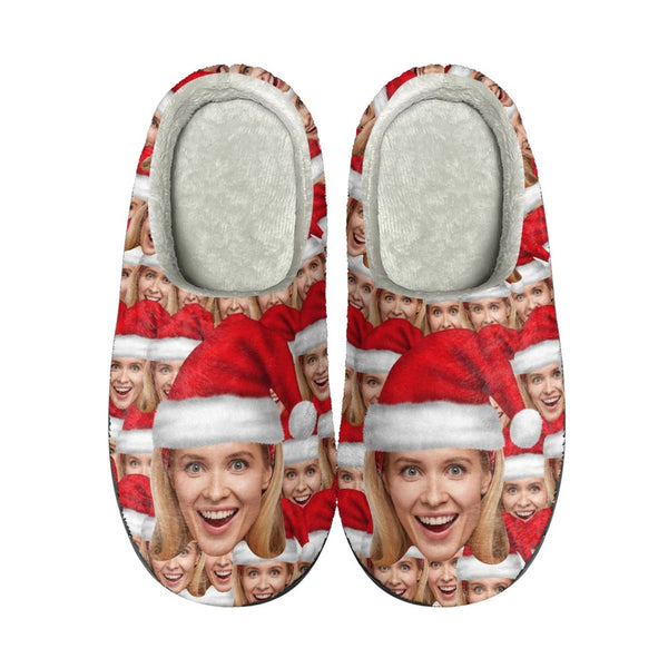 Custom Christmas Face Santa Hat Slippers For Men&Women Personalized Christmas Red Slippers