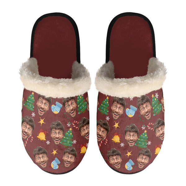 Custom Face Brown Christmas Fuzzy Slippers For Women&Men Personalized Christmas Face Slippers Gifts