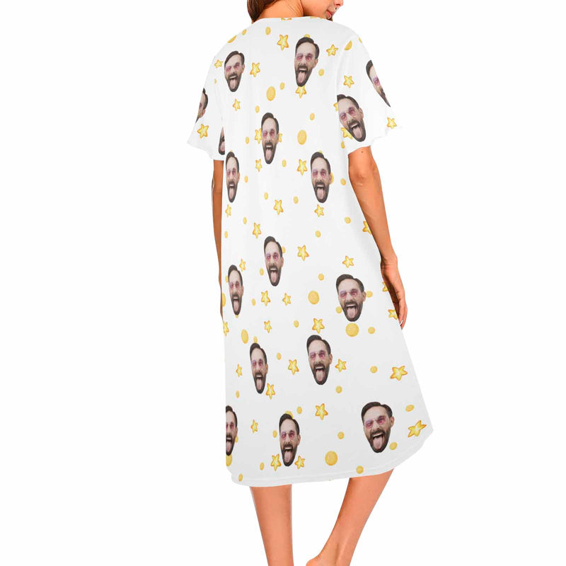 Custom Face Women's White Nightshirt Short Sleeve Button Down Nightgown Sleepwear Pajama Dress